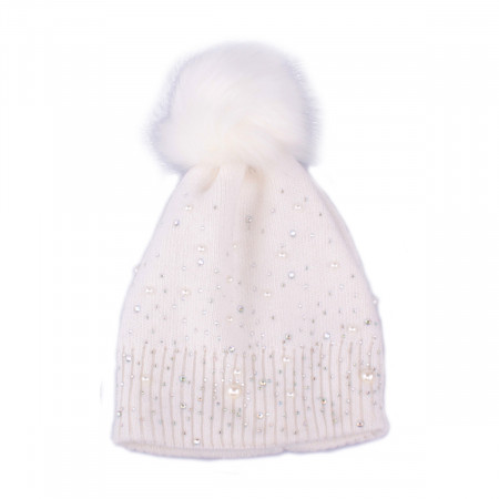 Bonnet blanc à pompon perles et strass