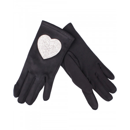 Gants noirs cœur strass argent