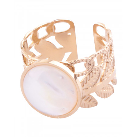 Bague Lolilota acier doré formée de feuillage pierre nacre blanche