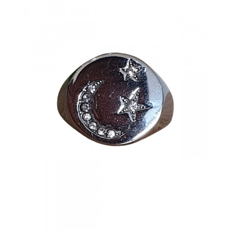 Bague femme acier argenté chevalière lune etoiles strass
