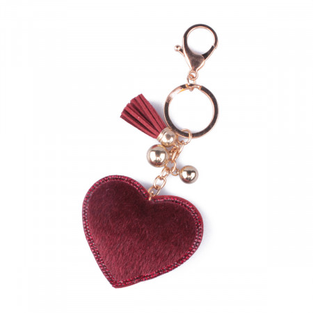 Porte-clés cœur à poils et strass rouge bordeaux