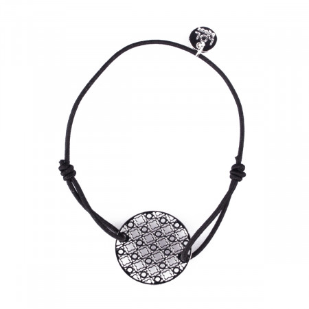 Bracelet LOL élastique noir rosace quadrillée filigrane argent