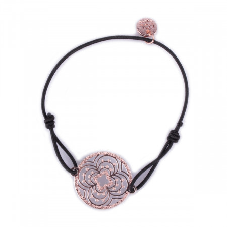 Bracelet LOL élastique noir rosace à trèfles filigrane cuivrée