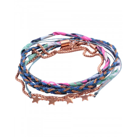 Bracelet multirangs MILE MILA tresse bleue cuivrée tissu multicolore étoiles acier cuivré
