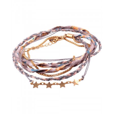 Bracelet multirangs MILE MILA tresse grise corail tissu multicolore étoiles acier doré