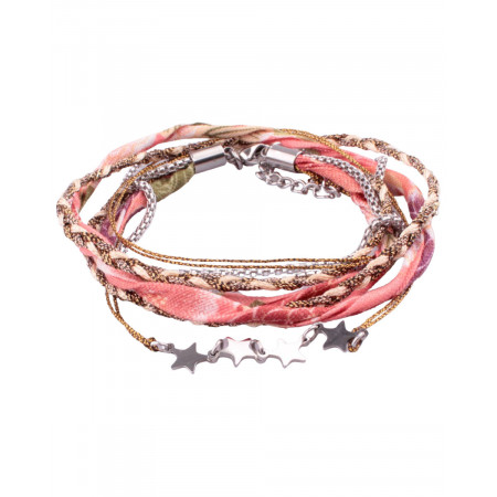 Bracelet multirangs MILE MILA tresse dorée tissu corail multicolore étoiles acier argent