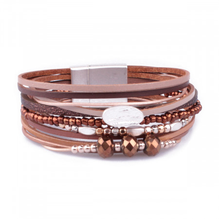 Bracelet aimanté marron perles argent et cuivrées pastille empreinte