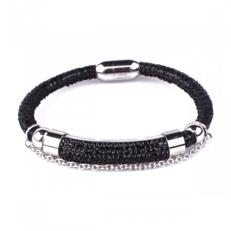 Bracelet noir tube acier argent à strass noirs