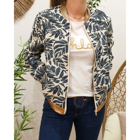 Bombers femme écru feuillage bleu