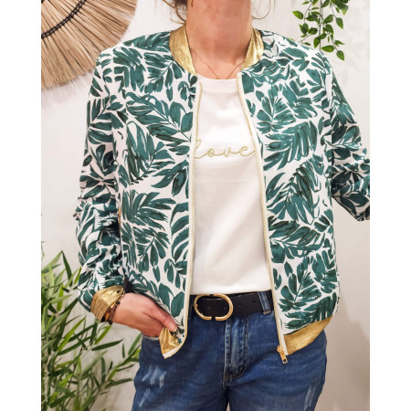 Bombers femme écru feuillage vert