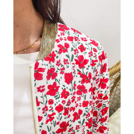 Bombers femme blanc fleurs rouges mi-saison léger Fernande