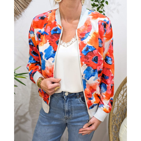 Bombers femme grosses fleurs orangées roses et bleues Rosaline