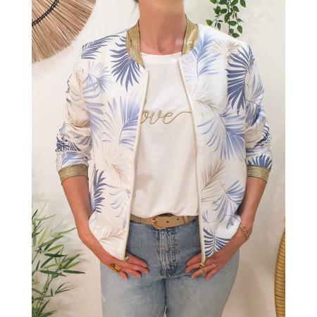 Bombers femme écru feuillages bleus et beiges Ombelline