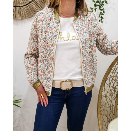 Bombers beige à fleurs corail et bleues