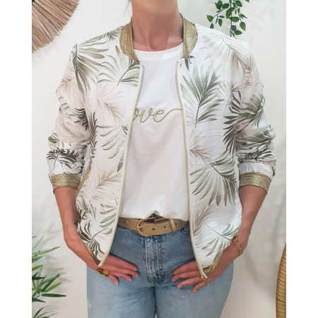 Bombers femme écru feuillages kaki et taupe Ombelline