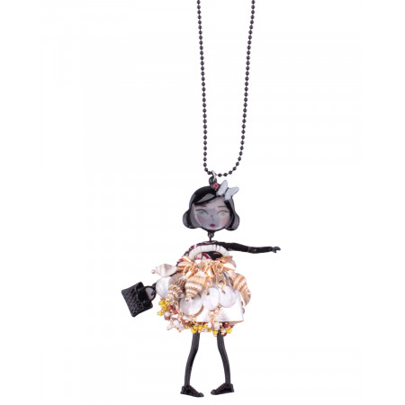 Sautoir Poupée LOL robe argentée à perles de nacre et coquillages