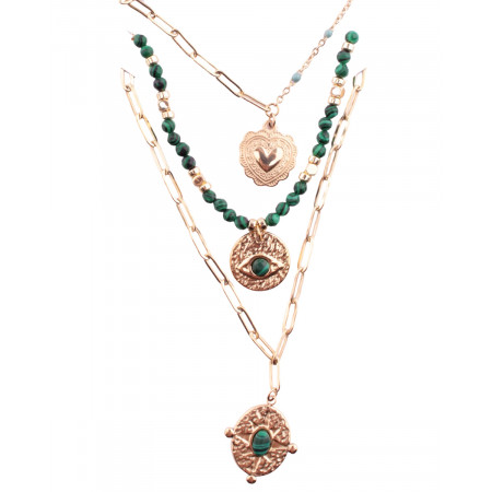 Collier multirangs acier doré perles vertes coeur oeil rose des vents