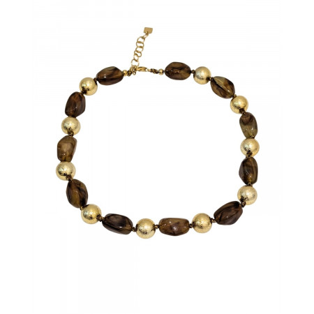 Collier femme acier inoxydable résine camel et billes dorées