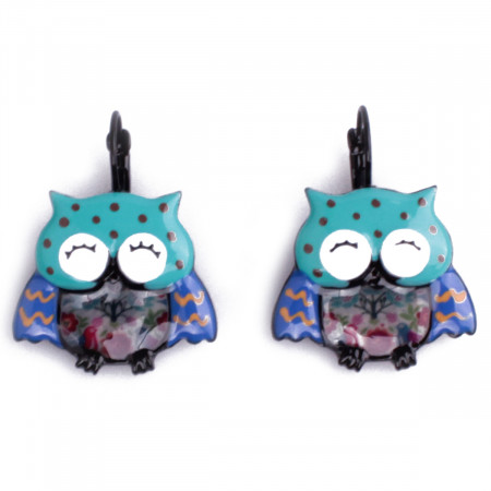 Boucles d'oreilles Chouette rieuse bleues multicolores