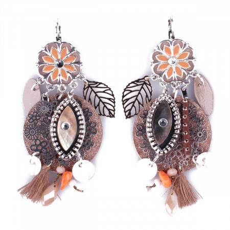 Boucles d'oreilles LOL pailletées cuivrées Corolle de fleurs argent taupes et blanches