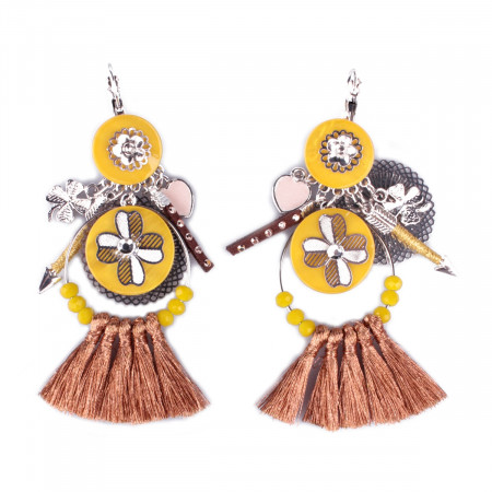 Boucles d'oreilles LOL jaunes et cuivré Corolle à fleurs et pompons