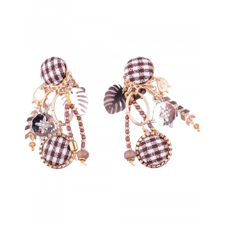 Boucles d'oreilles LOL à clips pied de poule blanc et marron breloques dorées