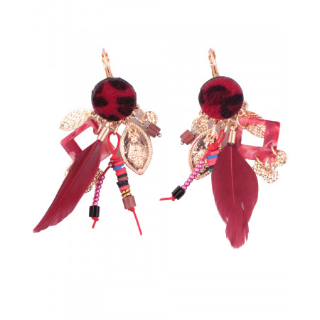 Boucles d'oreilles LOL rouges pastilles léopard à plumes et perles