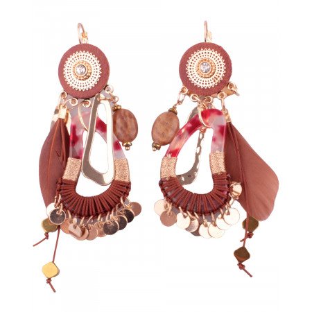 Boucles d'oreilles LOL marron camel et doré ovales marbrés pastilles et plume