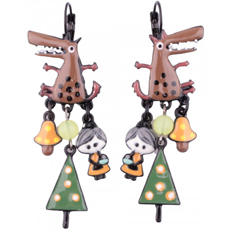 Boucles d'oreilles LOL le loup marron, mère grand et le sapin