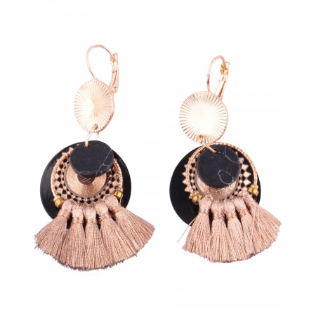 Boucles d'oreilles LOL noir et cuivré anneau à pompons et pastille soleil