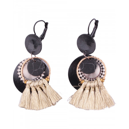 Boucles d'oreilles LOL noir et doré anneau à pompons et pastille soleil