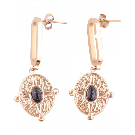 Boucles d'oreilles LOL acier doré pastille solaire perle noire