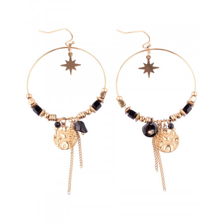 Boucles d'oreilles acier doré anneaux étoile polaire et perles noires