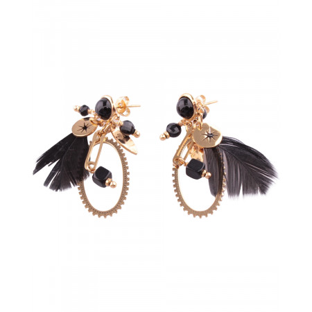 Boucles d'oreilles acier doré plumes noires Ovalio