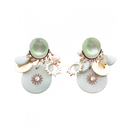 Boucles d'oreilles acier et nacre fleur coeur strass dorées et vertes