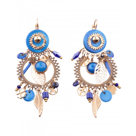 Boucles d'oreilles plume et feuille dorées et bleues