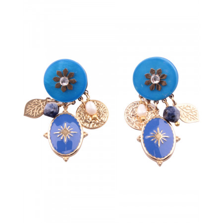 Boucles d'oreilles fleur coeur strass dorées et bleues