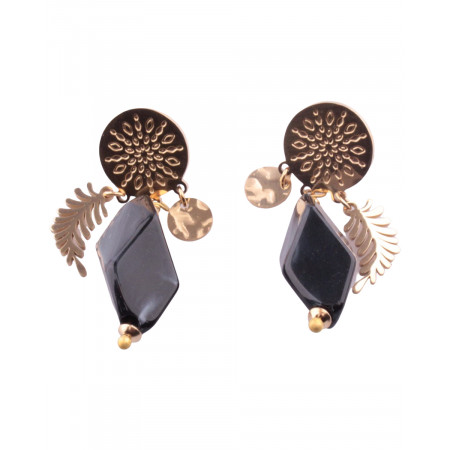 Boucles d'oreilles dorées feuille et pierre noire