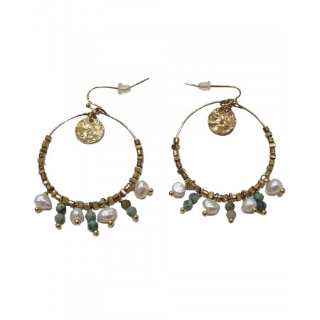 Boucles d'oreilles Acier cercle perle kaki et nacre