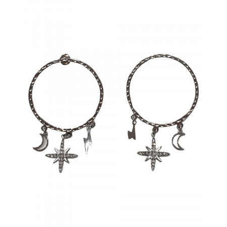 Boucles d'oreilles Acier cercle éclair lune et étoile strass
