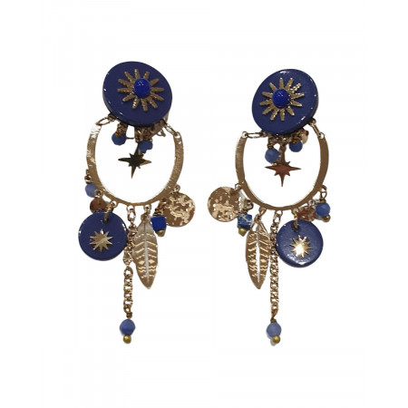 Boucles d'oreilles bleues feuille acier doré