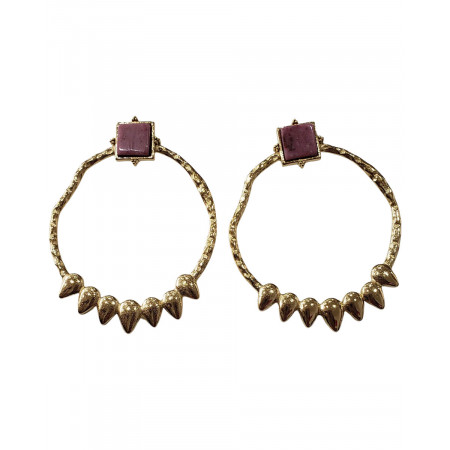 Boucles d'oreilles anneaux acier doré carrés de rhodonite