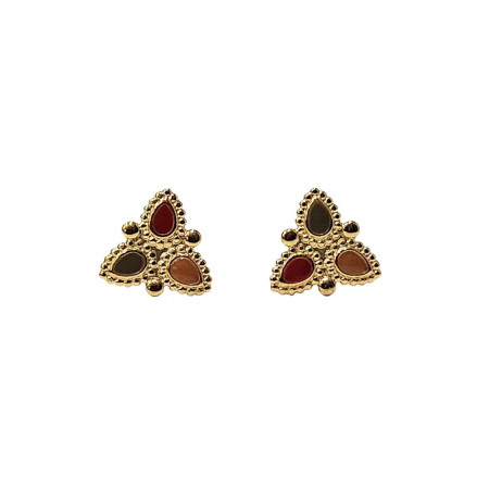 Boucles d'oreilles femme triangle acier doré et émail rouge kaki et moutarde