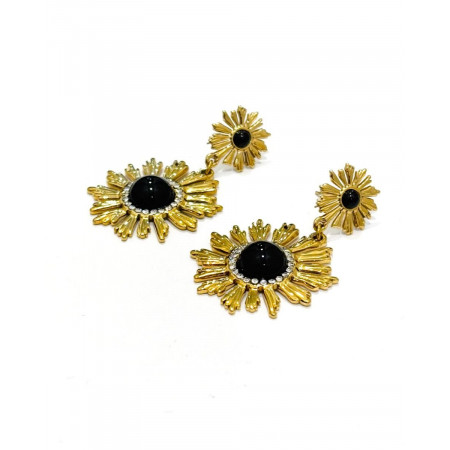 Boucles d'oreilles femme fleurs acier doré perles noires et strass