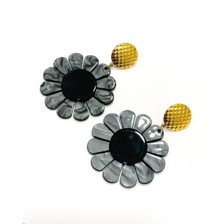 Boucles d'oreilles femme acier doré et grosses fleurs noires