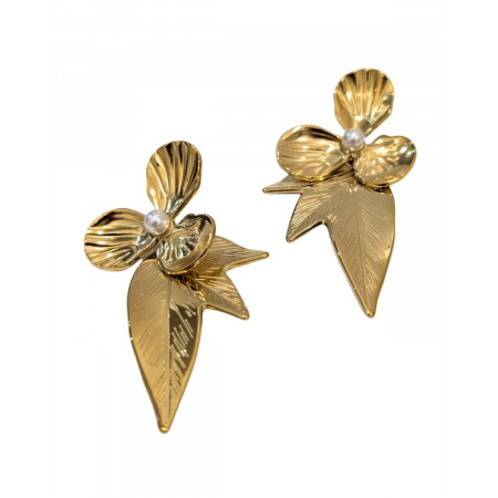 Boucles d'oreilles femme acier doré fleur et perle