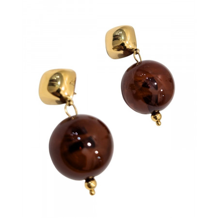 Boucles d'oreilles femme acier doré et boule marron