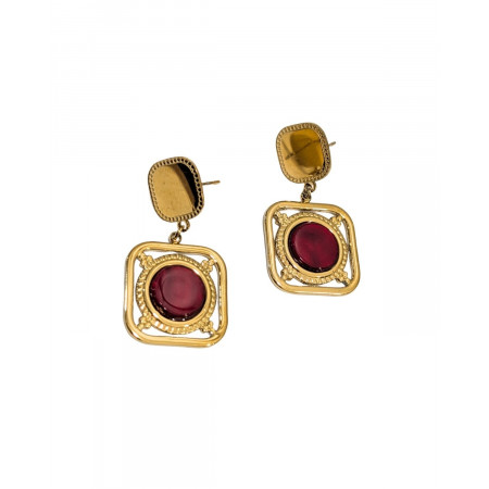 Boucles d'oreilles femme acier carré doré et rond rouge 