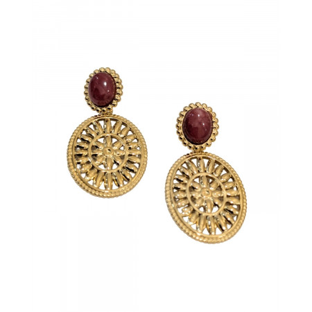 Boucles d'oreilles femme acier puce bordeaux ovale doré à motifs