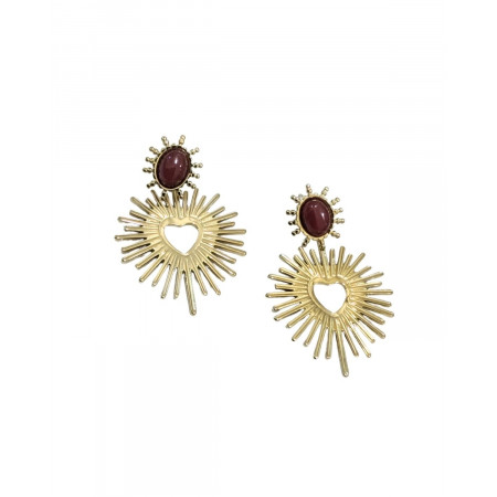 Boucles d'oreilles femme acier doré puce bordeaux coeur rayons